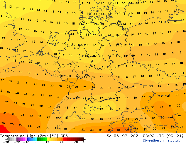 Temperature High (2m) CFS 星期六 06.07.2024 00 UTC
