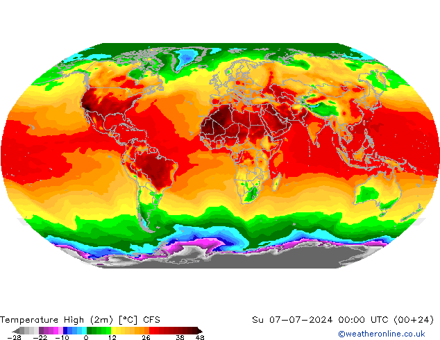 Max.temperatuur (2m) CFS zo 07.07.2024 00 UTC