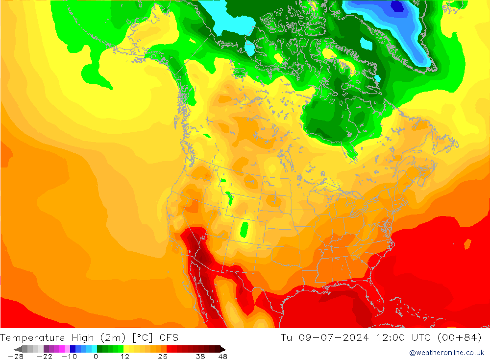Max.temperatuur (2m) CFS di 09.07.2024 12 UTC