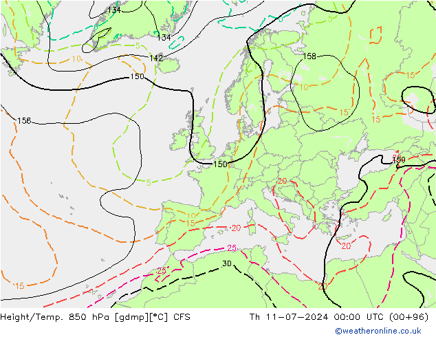 Hoogte/Temp. 850 hPa CFS do 11.07.2024 00 UTC