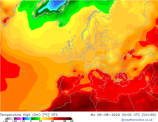 Max.temperatuur (2m) CFS ma 05.08.2024 00 UTC