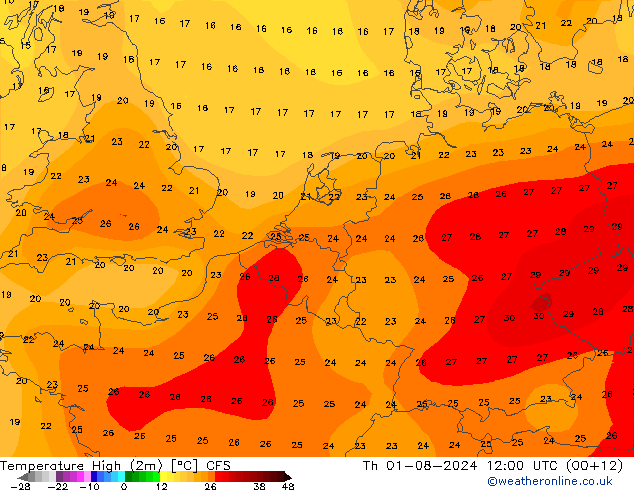 Max.temperatuur (2m) CFS do 01.08.2024 12 UTC