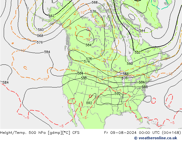 Hoogte/Temp. 500 hPa CFS vr 09.08.2024 00 UTC