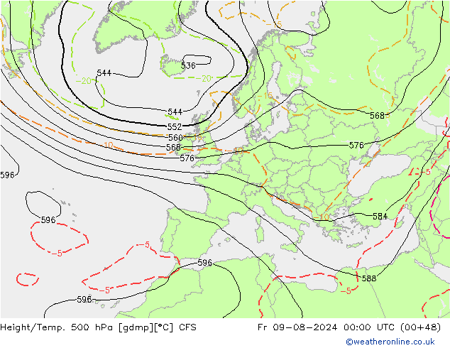 Hoogte/Temp. 500 hPa CFS vr 09.08.2024 00 UTC