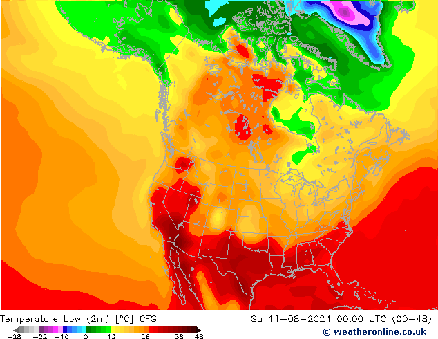 Temperature Low (2m) CFS 星期日 11.08.2024 00 UTC