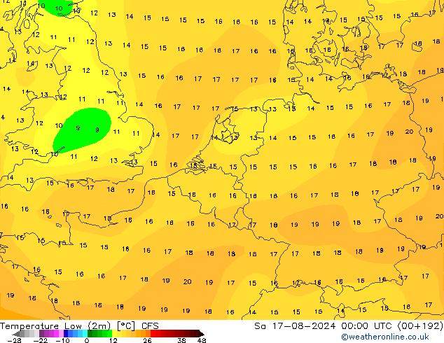 Temperature Low (2m) CFS 星期六 17.08.2024 00 UTC