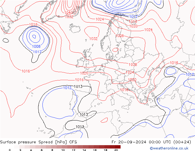 Pressione al suolo Spread CFS ven 20.09.2024 00 UTC