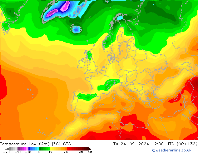 Nejnižší teplota (2m) CFS Út 24.09.2024 12 UTC