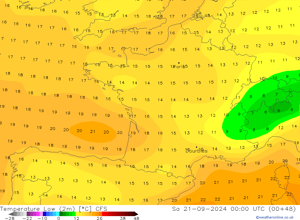 Temperature Low (2m) CFS Sa 21.09.2024 00 UTC