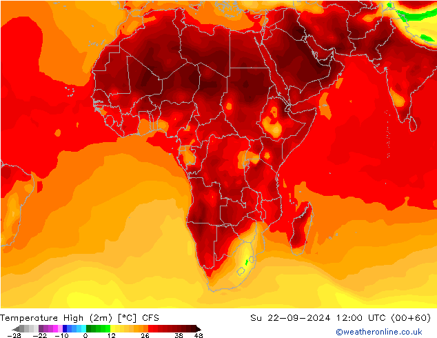 Max. Temperatura (2m) CFS nie. 22.09.2024 12 UTC