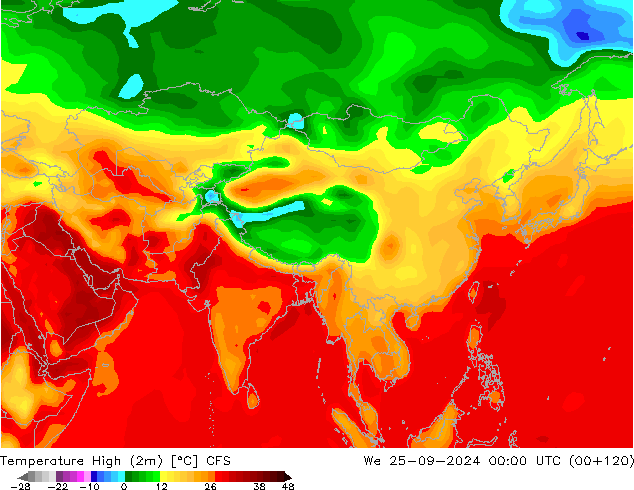 Max. Temperatura (2m) CFS śro. 25.09.2024 00 UTC