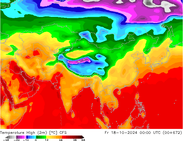 Max.temperatuur (2m) CFS vr 18.10.2024 00 UTC