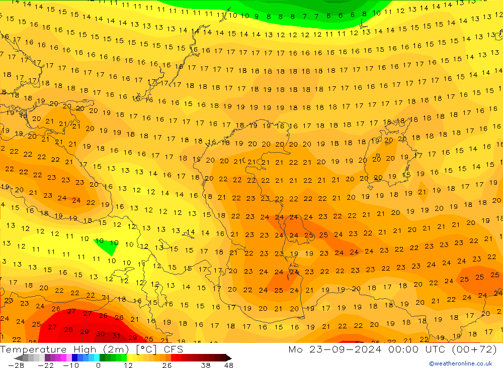 Nejvyšší teplota (2m) CFS Po 23.09.2024 00 UTC