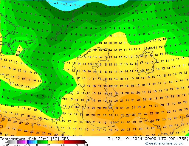 température 2m max CFS mar 22.10.2024 00 UTC