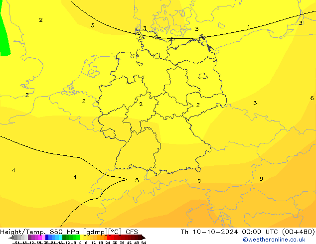 Hoogte/Temp. 850 hPa CFS do 10.10.2024 00 UTC