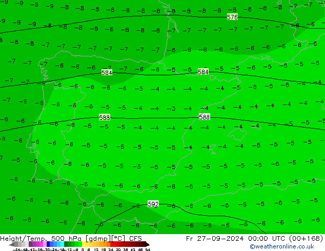 Hoogte/Temp. 500 hPa CFS vr 27.09.2024 00 UTC