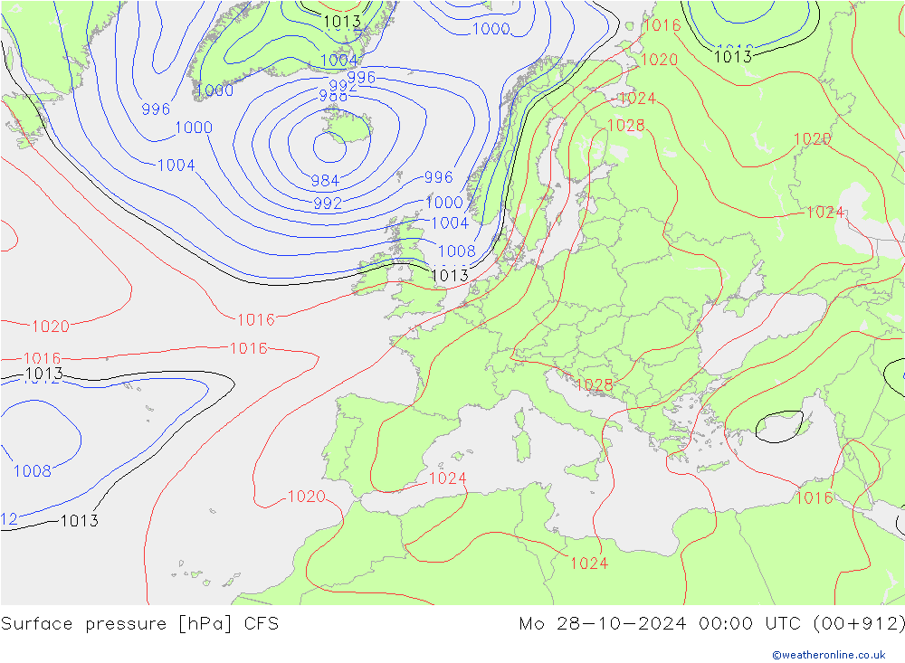 Surface pressure CFS Mo 28.10.2024 00 UTC