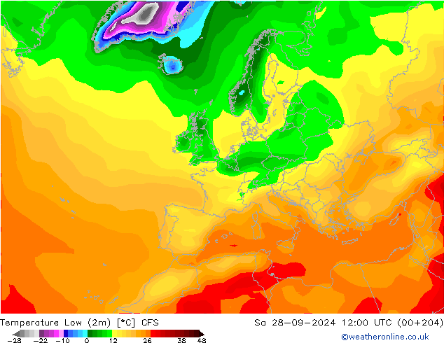 Temperatura mín. (2m) CFS sáb 28.09.2024 12 UTC