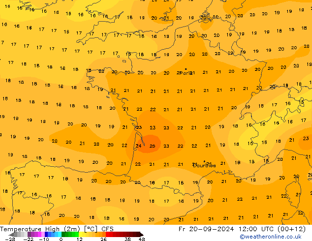 Temperature High (2m) CFS Fr 20.09.2024 12 UTC