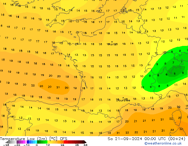 temperatura mín. (2m) CFS Sáb 21.09.2024 00 UTC