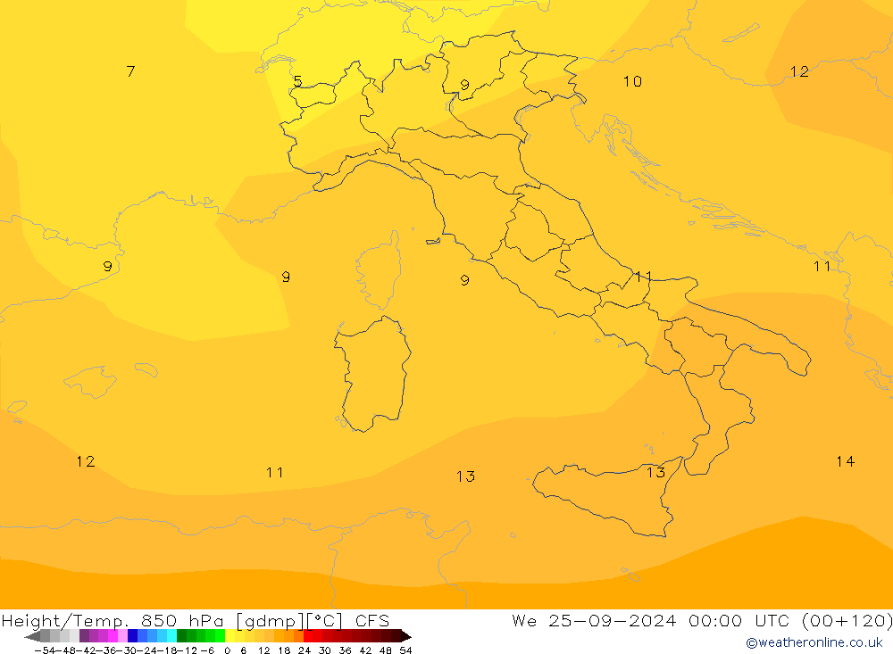 Height/Temp. 850 hPa CFS We 25.09.2024 00 UTC