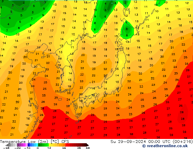 Min. Temperatura (2m) CFS nie. 29.09.2024 00 UTC