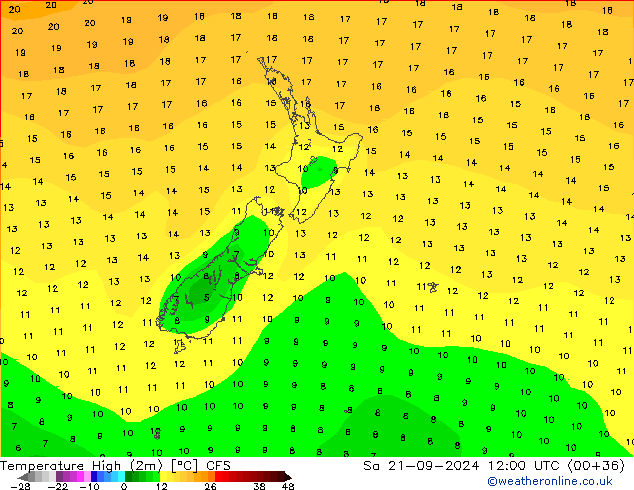 Nejvyšší teplota (2m) CFS So 21.09.2024 12 UTC