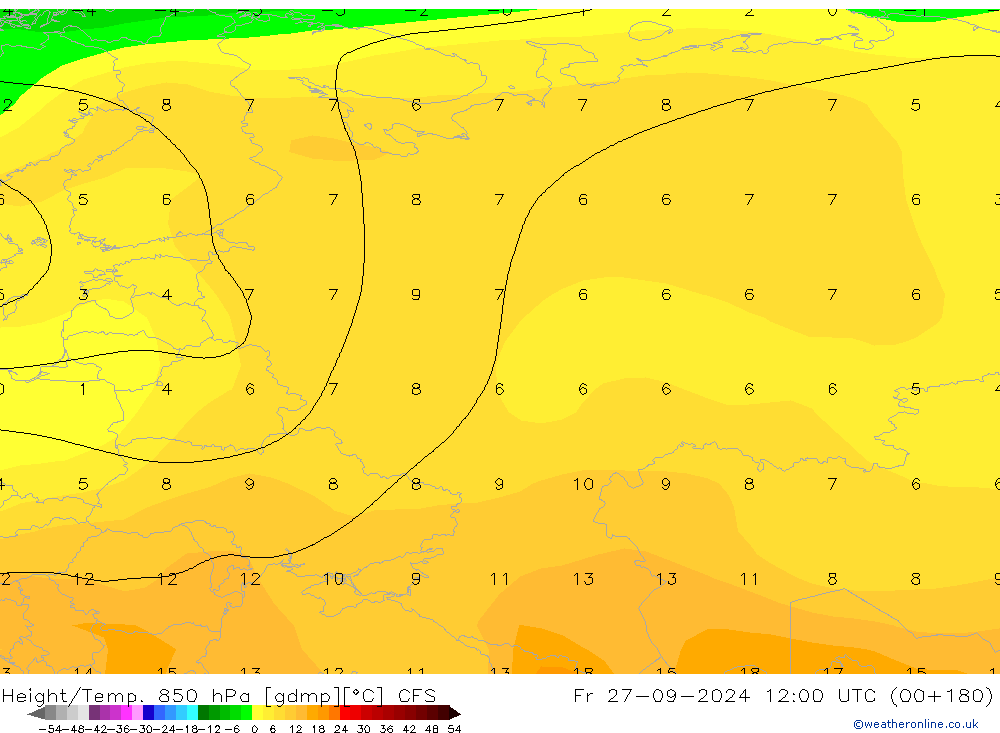 Hoogte/Temp. 850 hPa CFS vr 27.09.2024 12 UTC