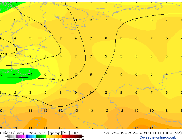 Geop./Temp. 850 hPa CFS sáb 28.09.2024 00 UTC