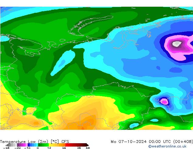 Temperature Low (2m) CFS Mo 07.10.2024 00 UTC