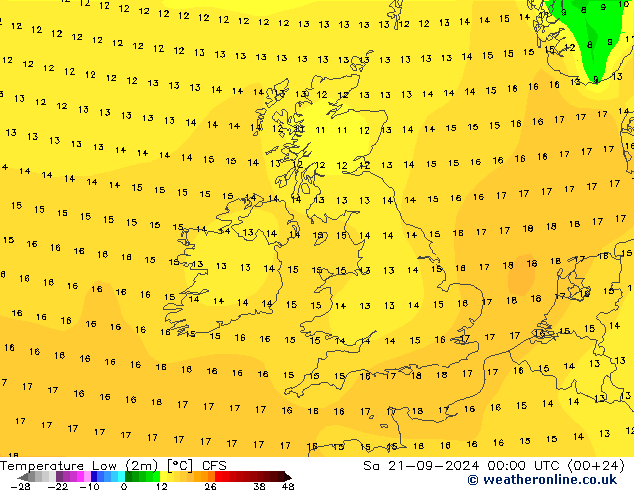 Nejnižší teplota (2m) CFS So 21.09.2024 00 UTC