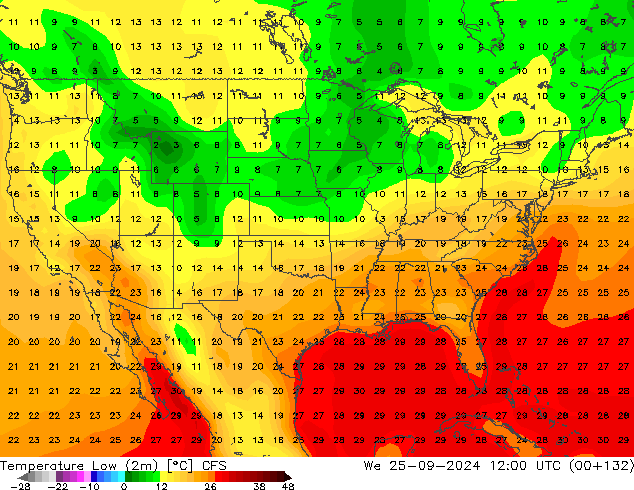 Min.temperatuur (2m) CFS wo 25.09.2024 12 UTC