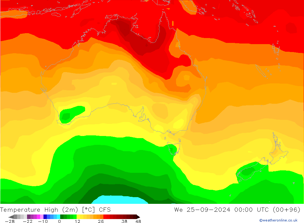 temperatura máx. (2m) CFS Qua 25.09.2024 00 UTC