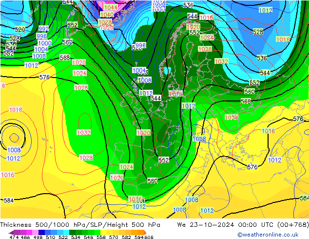 Espesor 500-1000 hPa CFS mié 23.10.2024 00 UTC