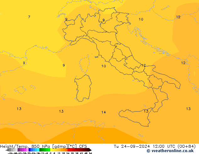 Hoogte/Temp. 850 hPa CFS di 24.09.2024 12 UTC