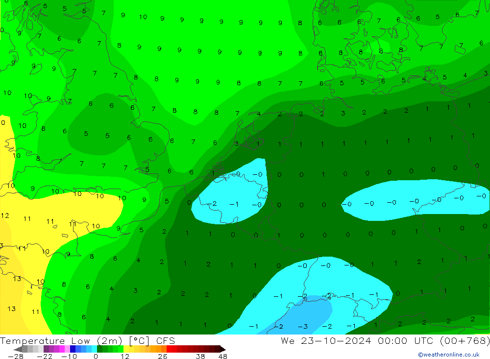 temperatura mín. (2m) CFS Qua 23.10.2024 00 UTC