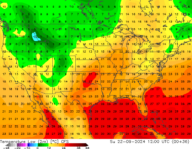 Min.temperatuur (2m) CFS zo 22.09.2024 12 UTC