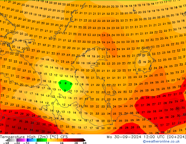 Max. Temperatura (2m) CFS pon. 30.09.2024 12 UTC