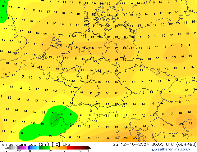 Temperatura mín. (2m) CFS sáb 12.10.2024 00 UTC