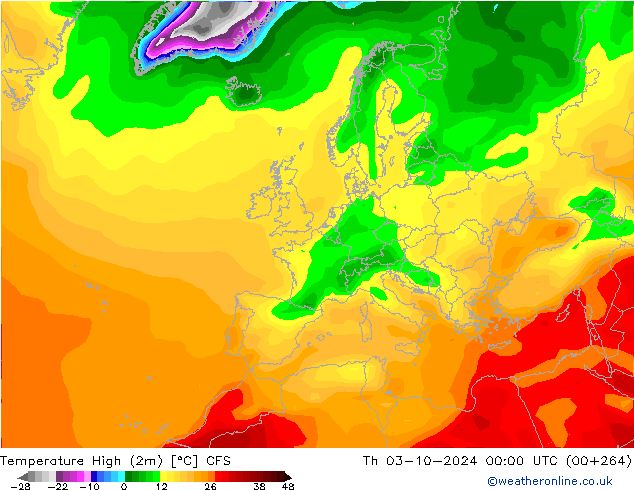 Temp. massima (2m) CFS gio 03.10.2024 00 UTC