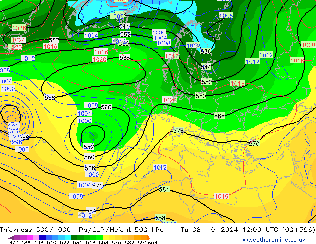 Espesor 500-1000 hPa CFS mar 08.10.2024 12 UTC