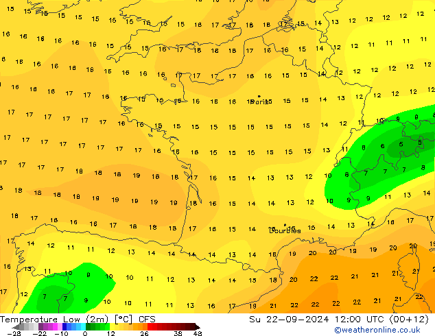 Min.temperatuur (2m) CFS zo 22.09.2024 12 UTC