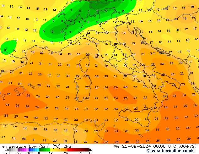 température 2m min CFS mer 25.09.2024 00 UTC