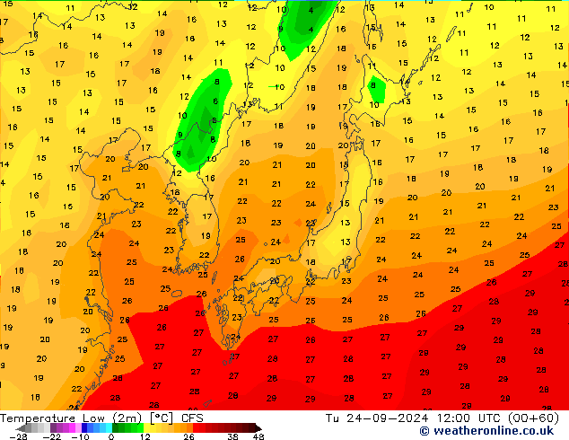 temperatura mín. (2m) CFS Ter 24.09.2024 12 UTC