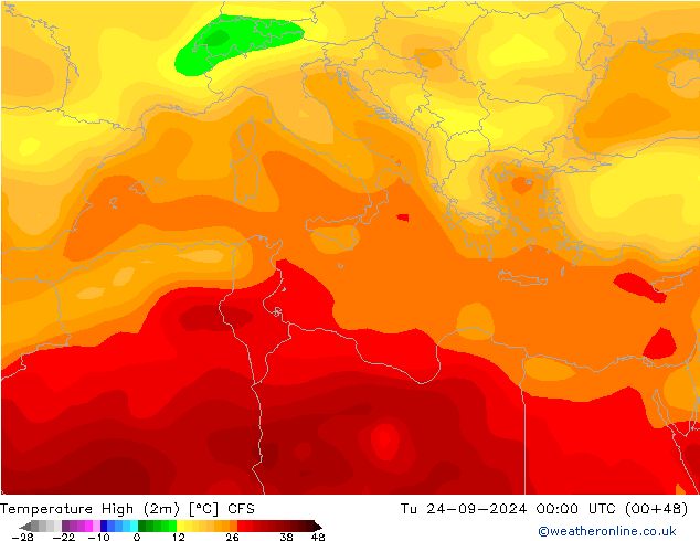 Max. Temperatura (2m) CFS wto. 24.09.2024 00 UTC