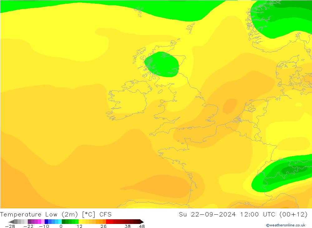 Min.temperatuur (2m) CFS zo 22.09.2024 12 UTC