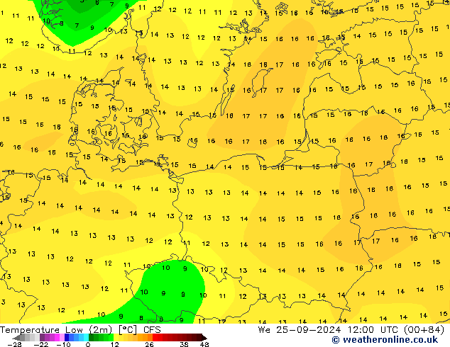 Temperatura mín. (2m) CFS mié 25.09.2024 12 UTC