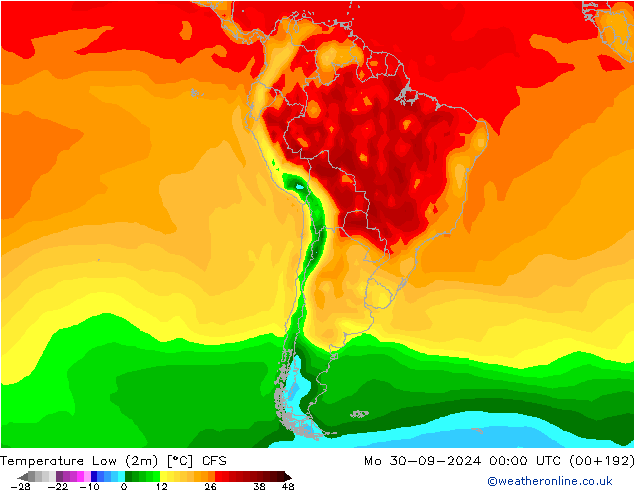 Min.temperatuur (2m) CFS ma 30.09.2024 00 UTC