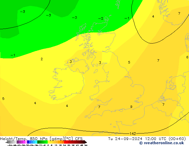 Hoogte/Temp. 850 hPa CFS di 24.09.2024 12 UTC