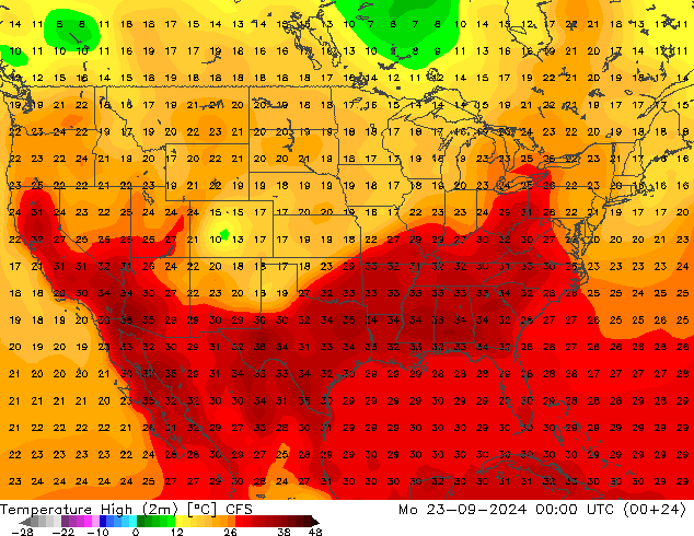 temperatura máx. (2m) CFS Seg 23.09.2024 00 UTC